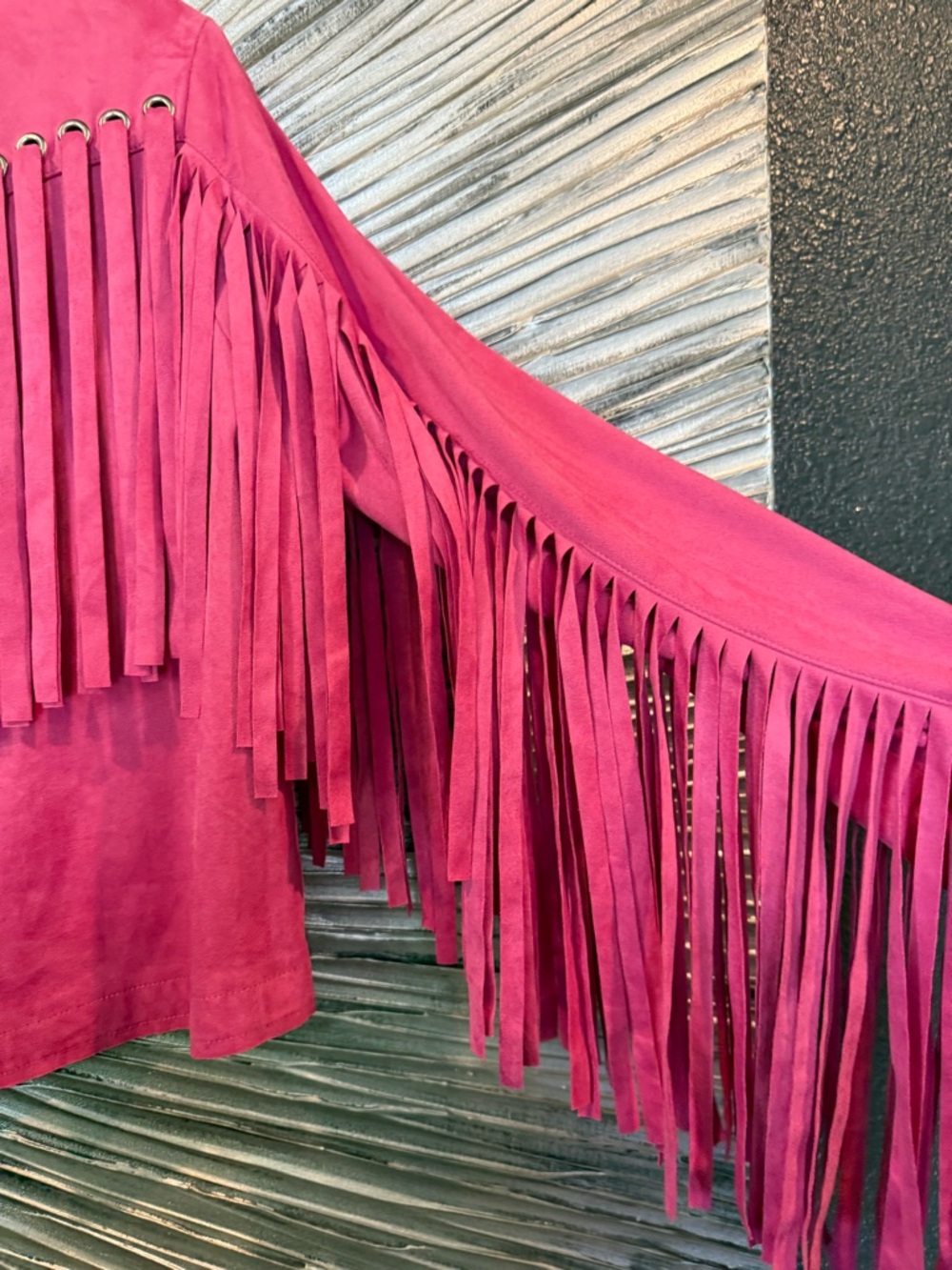 Magenta Suede Fringe Jacket with Snap Front - Picture 4 of 5